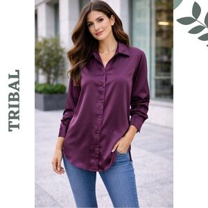 Tribal Satin Blouse Shirt Purple Size Medium & Extra Large NWT